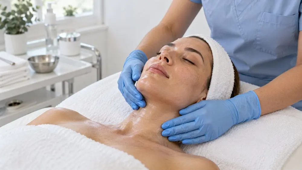 Illustration of a facial massage in a treatment room